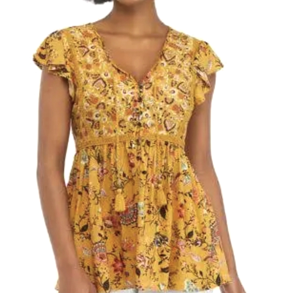 True Craft Flutter Sleeve Saffron Floral Tunic Top. Size Large $48. Boho